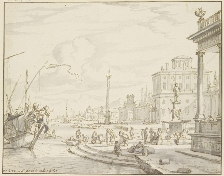Seehafen mit einem Brunnen und einer Säule à Abraham Storck l'Ancien