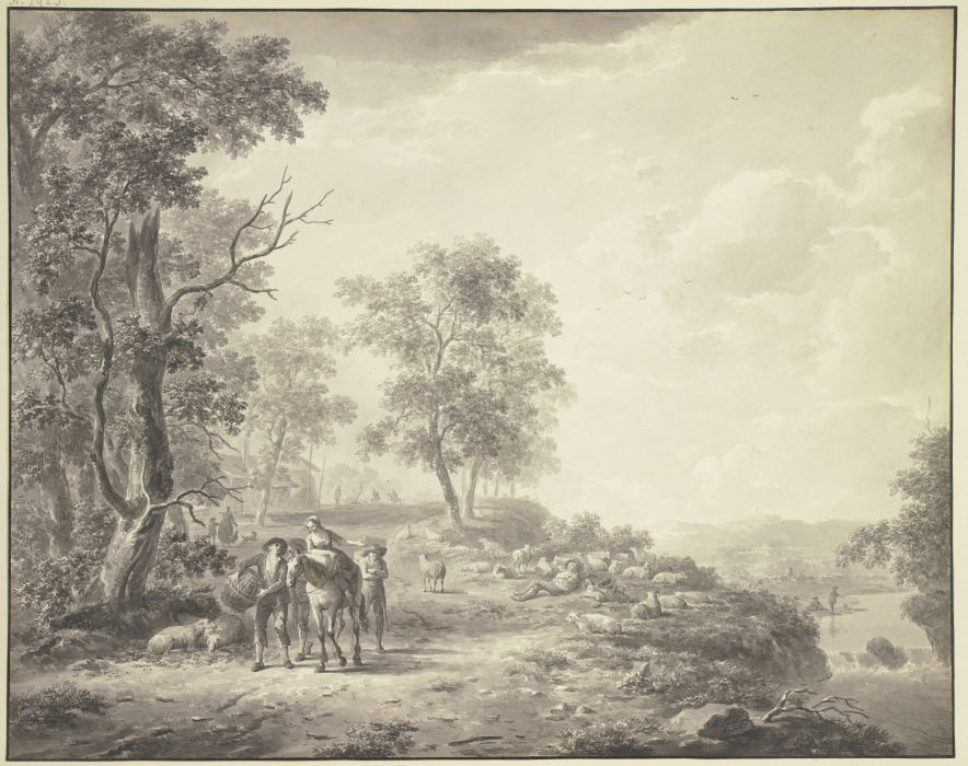 An einem Abhang ein schlafender Schäfer mit seiner Herde, weiter links eine Bäuerin zu Pferde umgebe à Abraham Teerlink