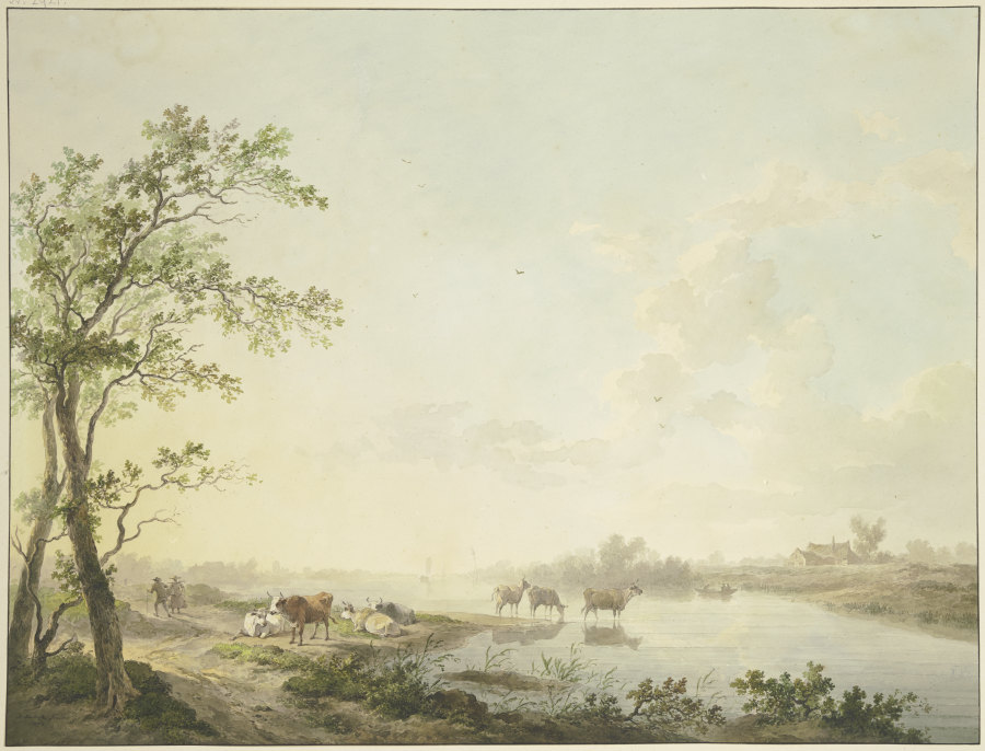 Nebliger Morgen an einem Flusse, am Ufer sieben Kühe, zum Teil im Wasser stehend à Abraham Teerlink