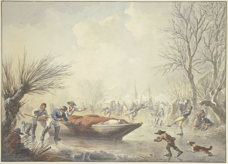 Winterlandschaft, auf dem Eis schieben drei Männer ein Boot dem Land zu, rechts ein Schlittschuhläuf à Abraham Teerlink