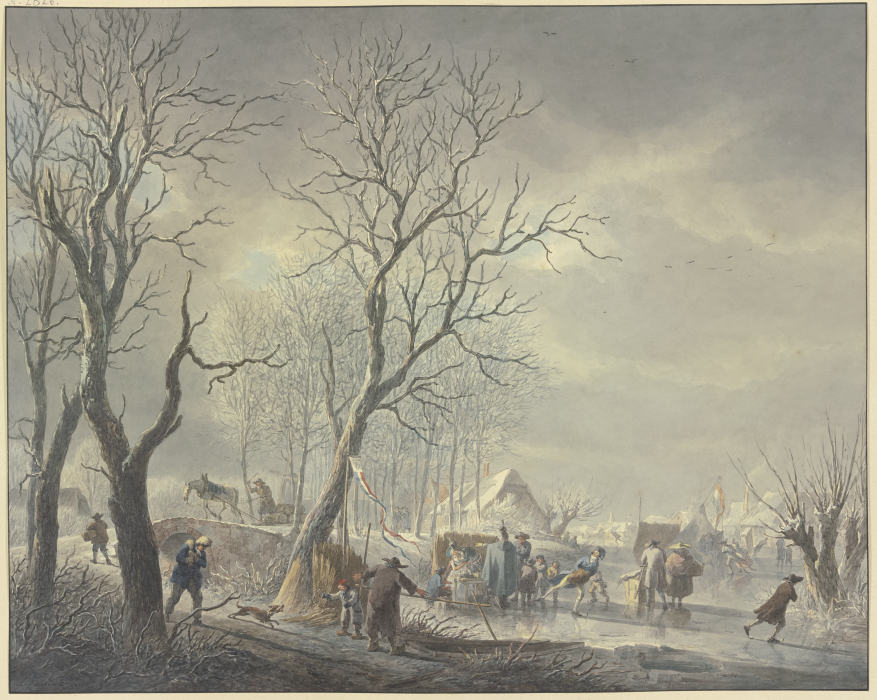 Winterlandschaft, Schlittschuhläufer bei Zelten auf dem Kanal, ein Husar umarmt ein Getränke haltend à Abraham Teerlink