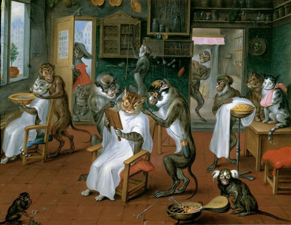 Barbierstube mit Affen und Katzen à Abraham Teniers