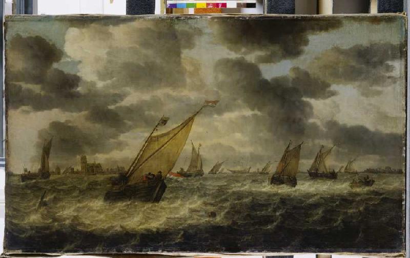 Die Mündung der Maas mit Segelbooten und Ruderkahn, im Hintergrund Dordrecht à Abraham van Beyeren