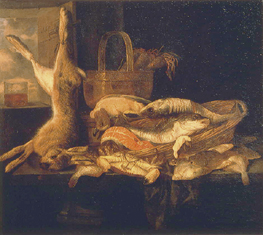 Stillleben mit Fischen und totem Hasen à Abraham van Beyeren