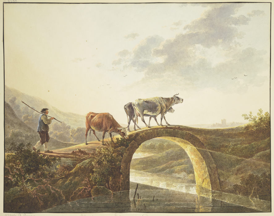 Hirte mit drei Rindern auf einer Flußbrücke à Abraham van Strij