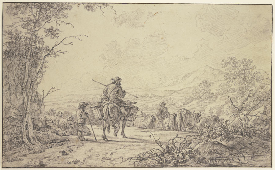 Hirten mit Rinder- und Schafherde in hügeliger Landschaft à Abraham van Strij