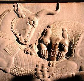 A ferocious lion attacking a bull, relief from the northern stairway facade of the Tripylon
