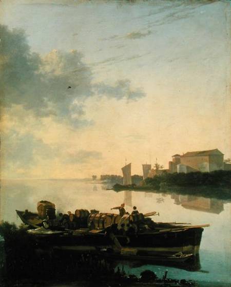 A Wooden Barge on the River by Sunset à Adam Pynacker