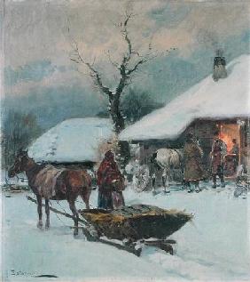 Sleighs in Front of a House