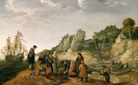 Fisherman unloading and selling their catch on a rocky shoreline à Adam Willaerts