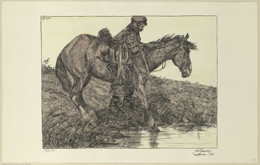 Tränke. Soldat mit Pferd am Wasser à Adolf Jansen