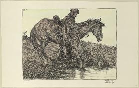 Tränke. Soldat mit Pferd am Wasser