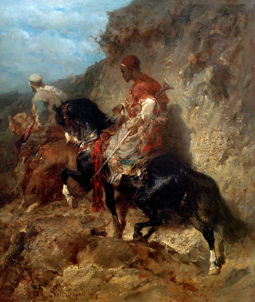 Zwei arabische Reiter an einer Felswand à Adolf Schreyer