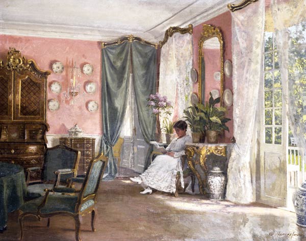 Lesende in einem Gartenzimmer. à Adolf Heinrich Hansen
