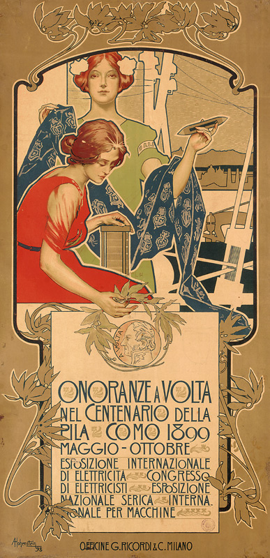Poster advertising the exhibition of electrical products held in honor of the 100th anniversary of t à Adolfo Hohenstein