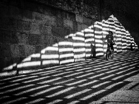 Cyclist between lights