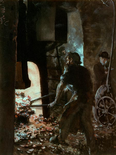 Autoportrait avec un ouvrier prés d'un marteau-pilon à Adolph Friedrich Erdmann von Menzel