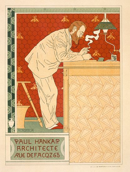 Reproduction of a poster advertising the architectural practice of Paul Hankar à Adolphe Louis Charles Crespin
