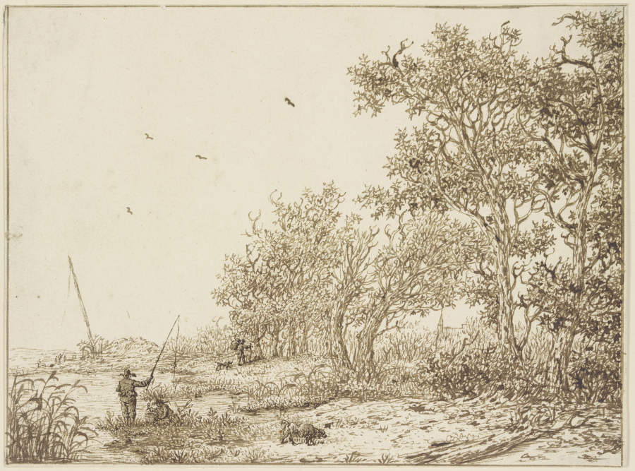 Landschaft mit Bäumen, vorne ein Angler à Adriaen Hendriksz. Verboom