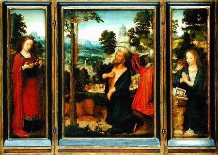 Triptych with St. Jerome, St. Catherine and Mary Magdalene à Adriaen Isenbrandt ou Isenbrant