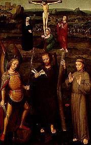 Saint Andreas et François d'Assise, ainsi que l'archange Michel devant  Jésus crucifié à Adriaen Isenbrant