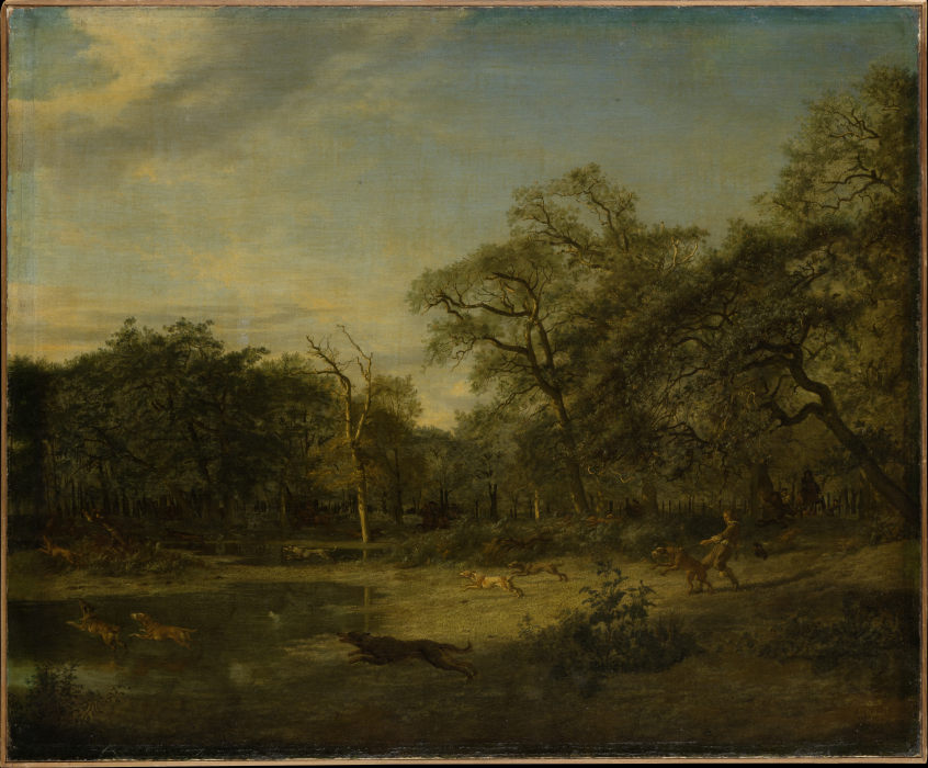 Deer Hunt in a Swampy Forest Landscape à Adriaen van de Velde
