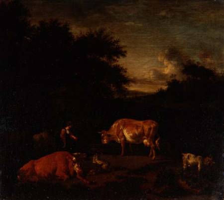 Shepherdess and a Drover with their Flocks by a Classical Fountain in a Wooded Landscape à Adriaen van de Velde