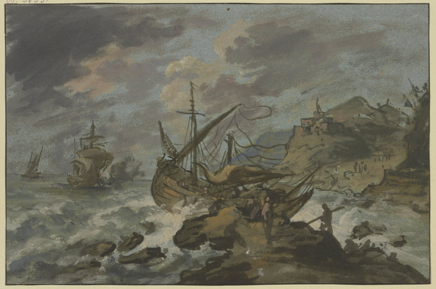 Seesturm an felsiger Küste, vorne ein gestrandetes Schiff à Adriaen van der Cabel