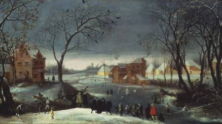 Winter Landscape with Skaters (panel) à Adriaen van Stalbemt