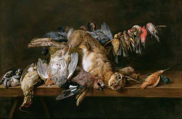 Still life of dead birds and a hare on a table à Adriaen van Utrecht