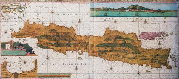 Insulae lavae, a large folding map of Java with two insets both depicting views of Batavia (Jakarta)