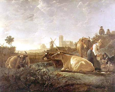A Distant View of Dordrecht with Sleeping Herdsman and Five Cows ('The Small Dort') à Aelbert Cuyp