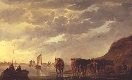 A herdsman with five cows by a river à Aelbert Cuyp
