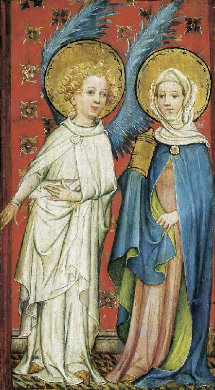 Der Engel empfängt die drei Marien am Grabe (linker Flügel). à Ancien maître des portes d'armoires d'Aix-la-Chapelle