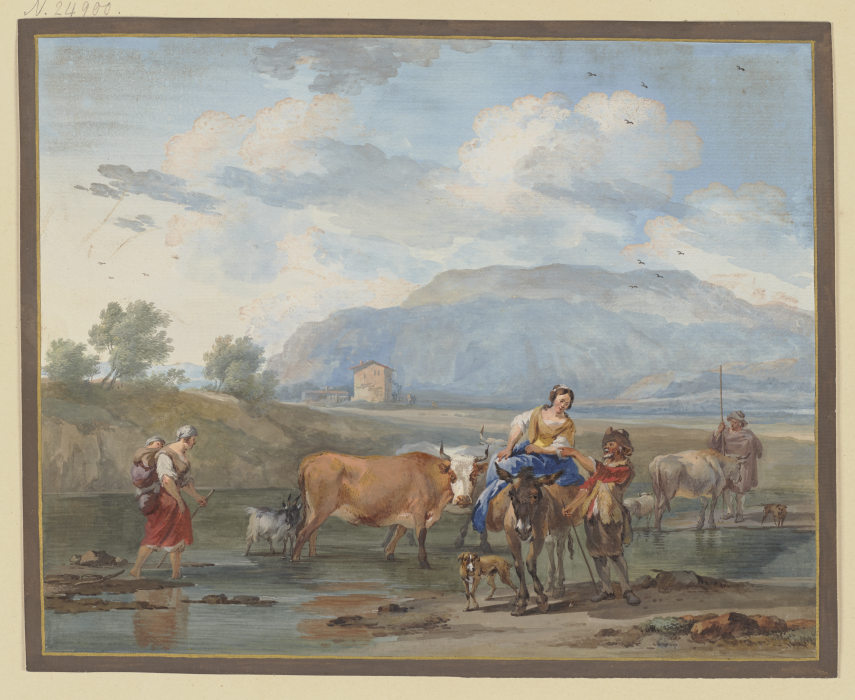 Hirten treiben Kühe durch ein Wasser, links trägt eine Frau ihr Kind auf dem Rücken, rechs reitet ei à Aert Schouman