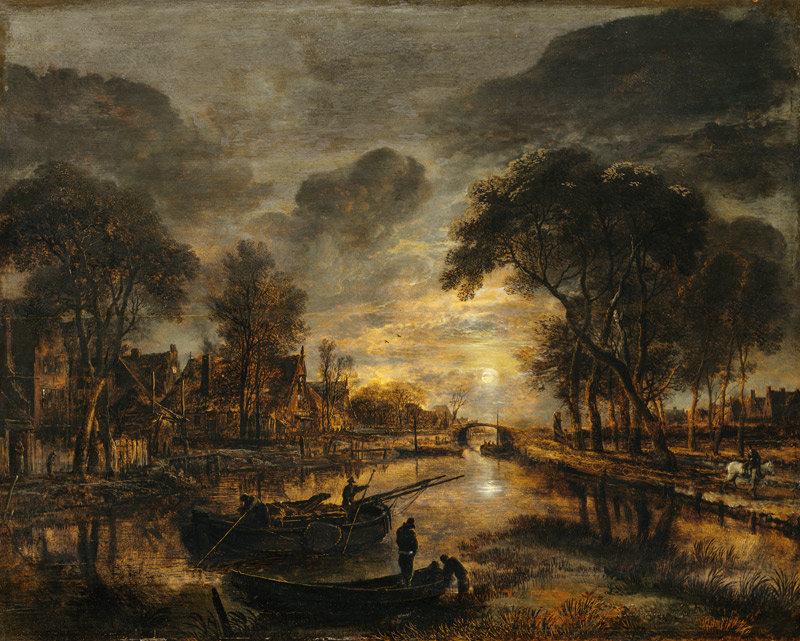 Nocturnal Canal Landscape with Fishing Boats à Aert van der Neer