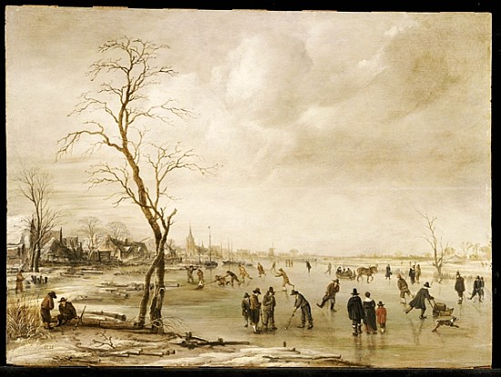 A Winter Landscape with Townsfolk Skating and Playing Kolf on a Frozen River, a Town Beyond à Aert van der Neer