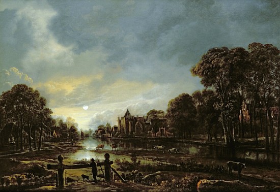 Moonlit River Landscape with Cottages on the Wooded Banks à Aert van der Neer