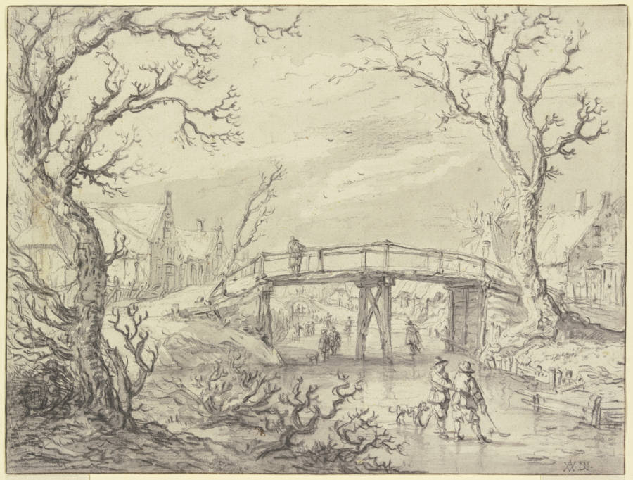 Über einen zugefrorenen Kanal bei einem Dorf eine Holzbrücke, vorne zwei Männer mit einem Hund à Aert van der Neer