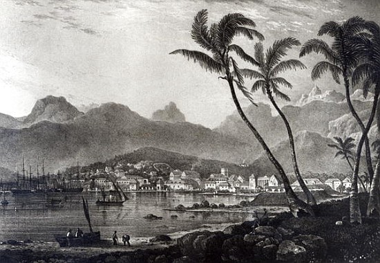 Port Louis from ''Views in the Mauritius'' by T.Bradshaw; engraved by William Rider à (d'après) BradshawT.