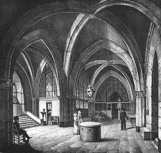 Interior view of the entrance room at the Conciergerie Prison; engraved by Alphonse Urruty (1800-70) à (d'après) Collard