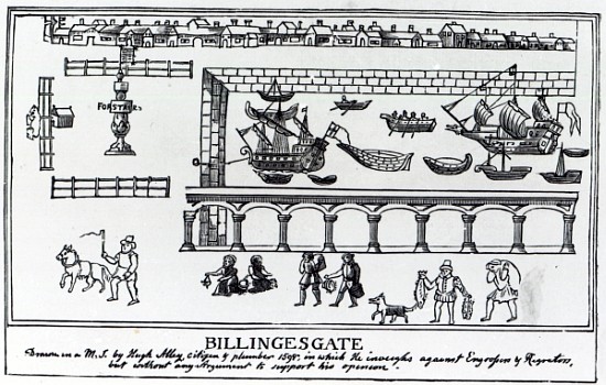 Billingsgate Market, London, after an original drawing from c.1598 à (d'après) École anglaise