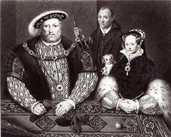 Henry VIII, his daughter Queen Mary and Will Somers, after a 16th century oil painting, painted post à (d'après) École anglaise