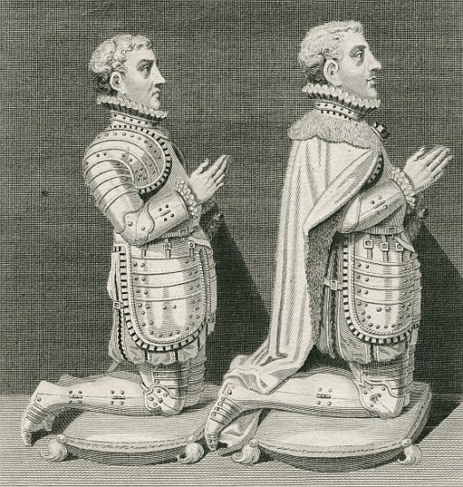 Henry Stuart, Lord Darnley and his brother Charles Stuart, Earl of Lennox, kneeling before their mot à (d'après) École anglaise