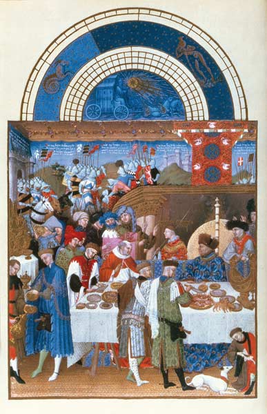 Fascimile of January: banquet scene the Limbourg brothers, from the ''Tres Riches Heures du Duc de B à (d'après) École française