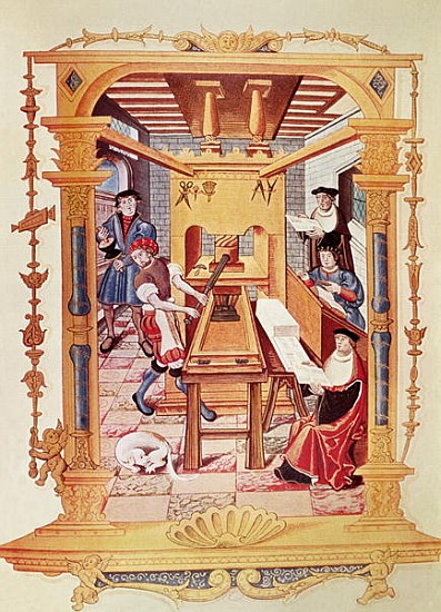 Interior of a 16th century printing works, copy of a miniature from ''Chants royaux sur la Conceptio à (d'après) École française