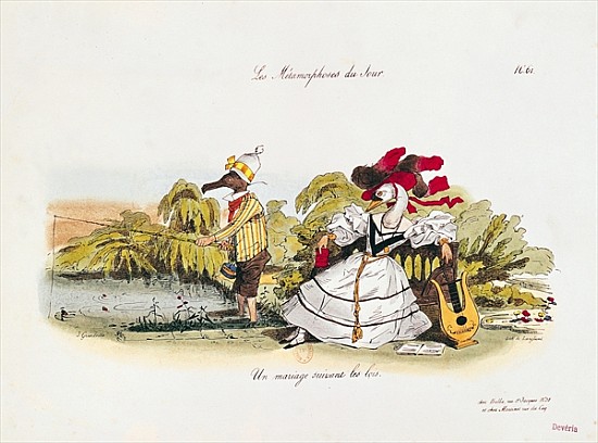 Marriage the Book, caricature from ''Les Metamorphoses du Jour'' series; engraved by  G. Langlume (1 à (d'après) Grandville (Jean Ignace Isidore Gerard)