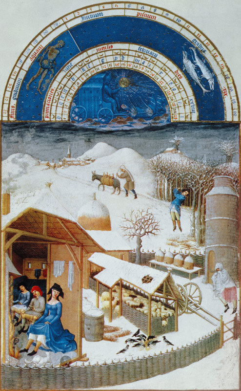 Facsimile of February: farmyard scene with peasants, copied from ''from the ''Tres Riches Heures du  à (d'après) Les Frères Limbourg