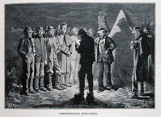Confederate Roll-call; engraved by Ernst Heinemann (1848-1912), illustration from ''Battles and Lead à (d'après) Allen Carter Redwood