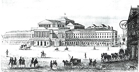 View of the Grand Theatre, Warsaw; engraved by Adam Pilinski (1810-87) à (d'après) Antonio Corazzi